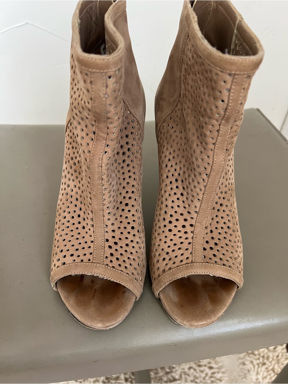 Stuart Weitzman Taupe Suede Perforated Peep-Toe Ankle Boots - Picture 2 of 9